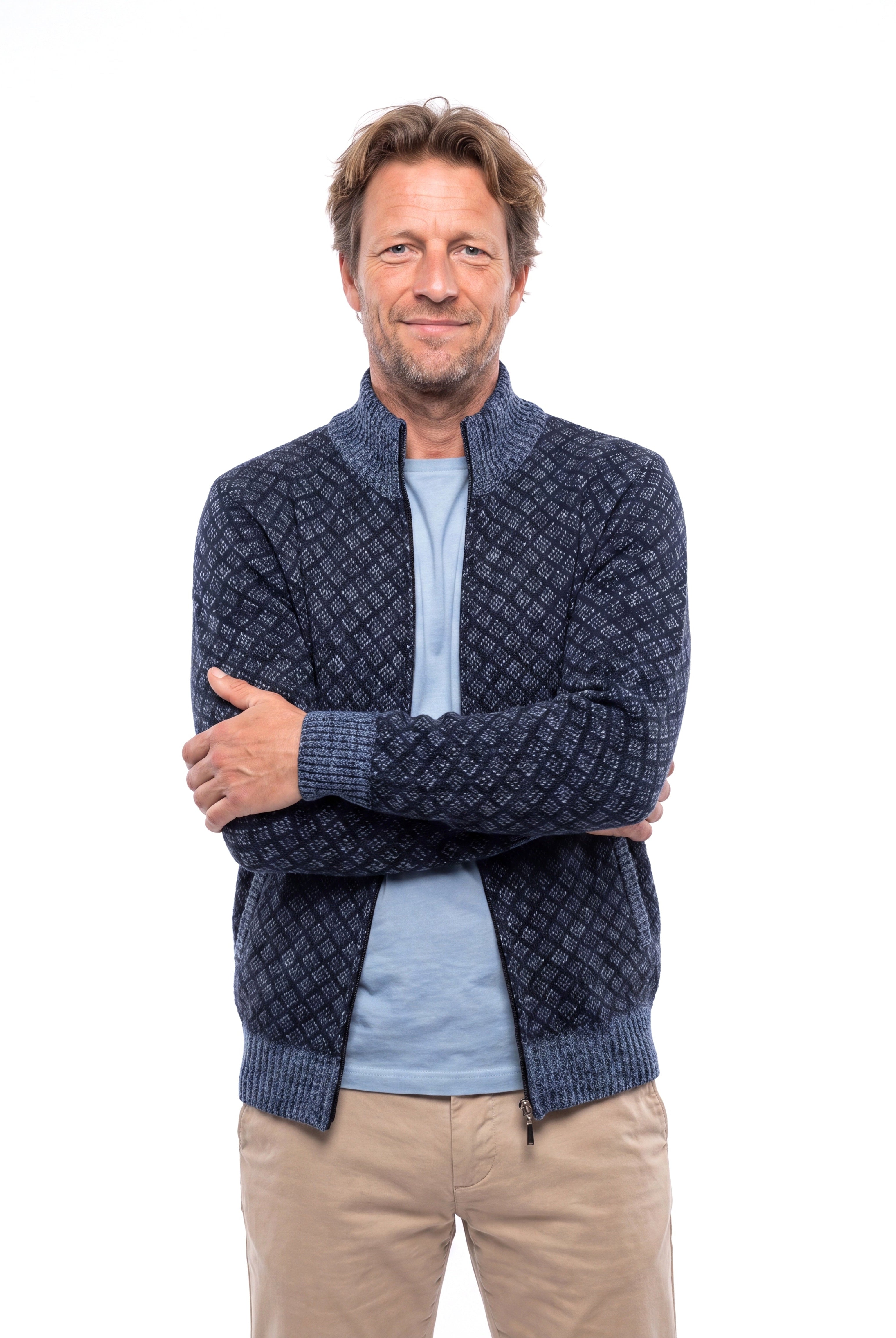 Men's Knitted Cardigan with Zip and Stand-Up Collar