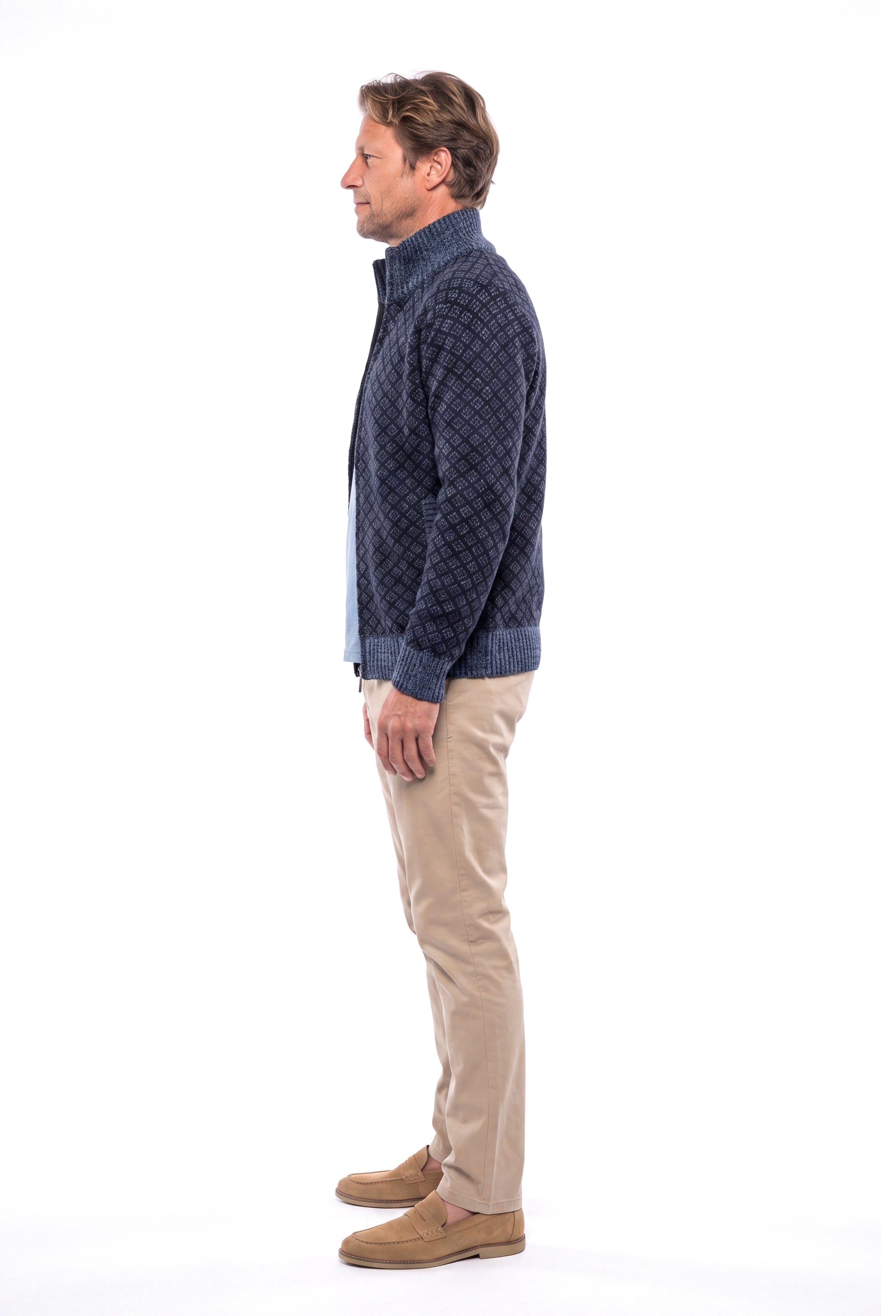 Men's Knitted Cardigan with Zip and Stand-Up Collar