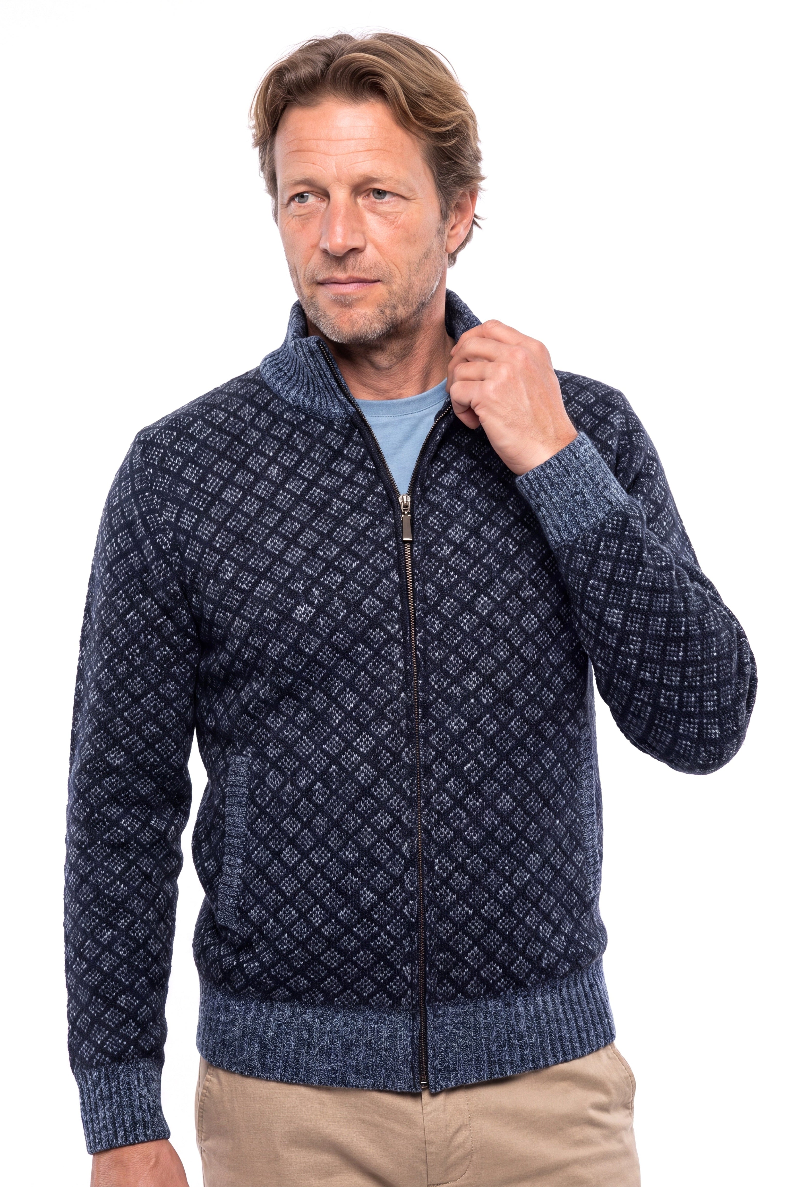 Men's Knitted Cardigan with Zip and Stand-Up Collar