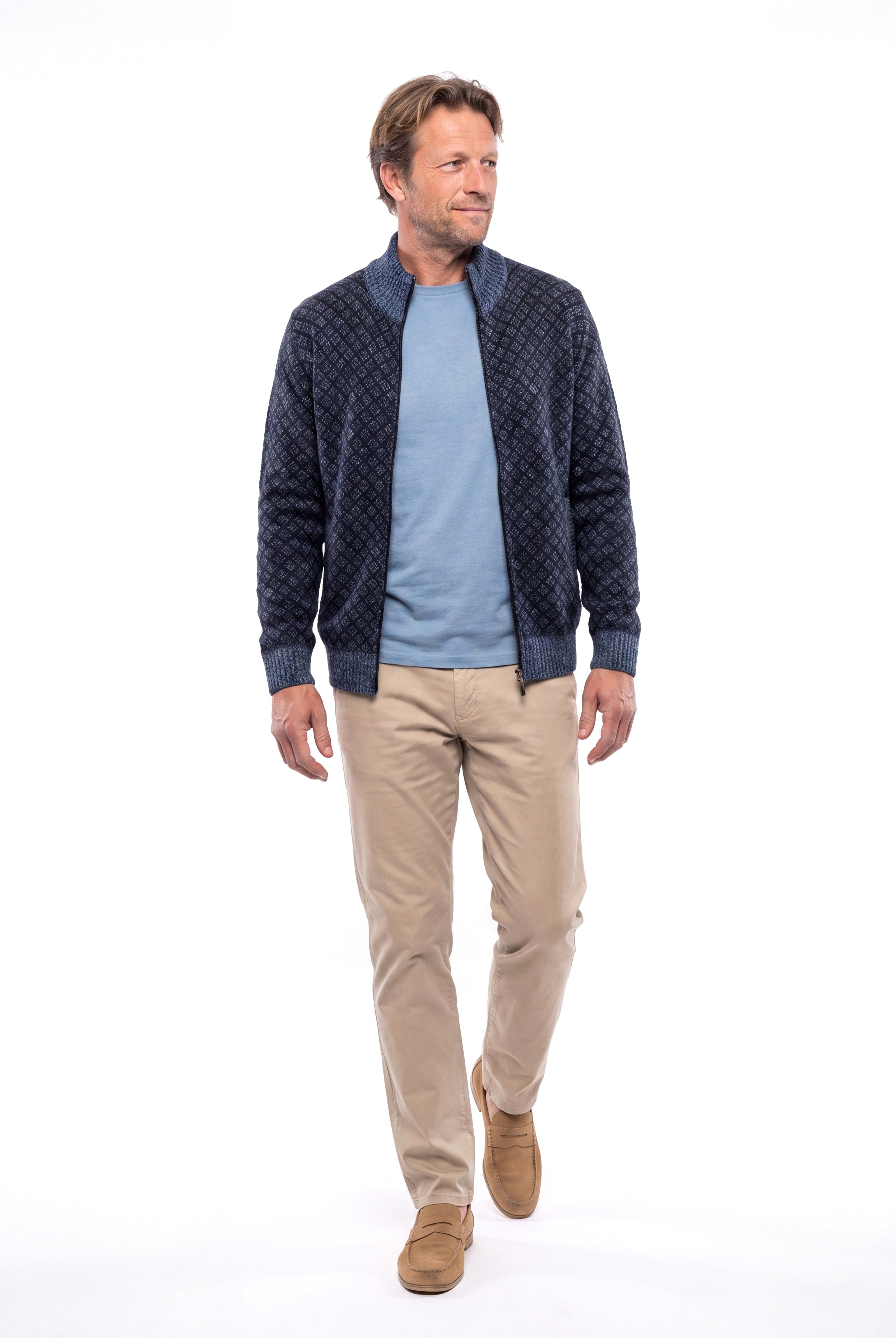 Men's Knitted Cardigan with Zip and Stand-Up Collar