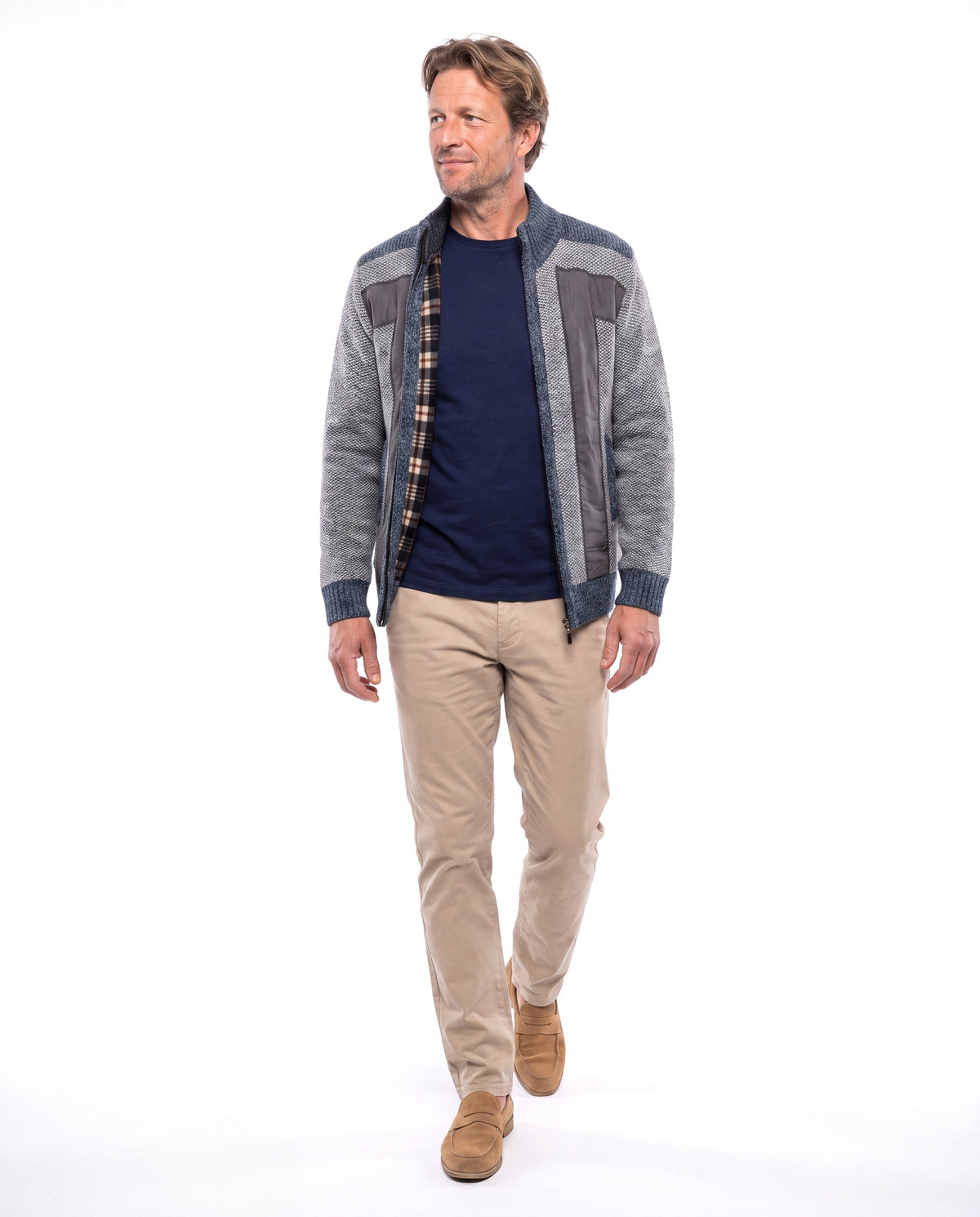 Jason | Refined Herringbone Suede-Panel Cardigan - Valereo