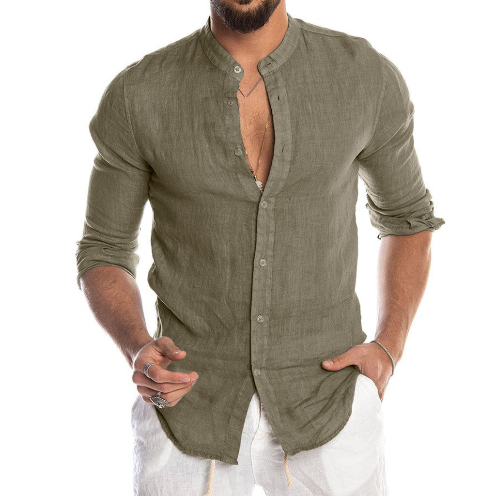 Vincent | Relaxed Linen Band-Collar Shirt - Valereo