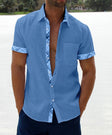 Men's Linen Shirt Plaid Trim Short Sleeve