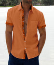 Men's Linen Shirt Plaid Trim Short Sleeve