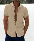 Men's Linen Shirt Plaid Trim Short Sleeve