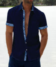 Men's Linen Shirt Plaid Trim Short Sleeve