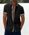 Men's Linen Shirt Plaid Trim Short Sleeve