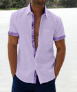 Men's Linen Shirt Plaid Trim Short Sleeve
