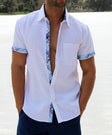 Men's Linen Shirt Plaid Trim Short Sleeve