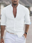 Men's Linen Band Collar Shirt Long Sleeve