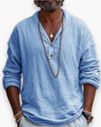 Men's Linen Henley Shirt V-Neck Long Sleeve