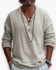 Men's Linen Henley Shirt V-Neck Long Sleeve