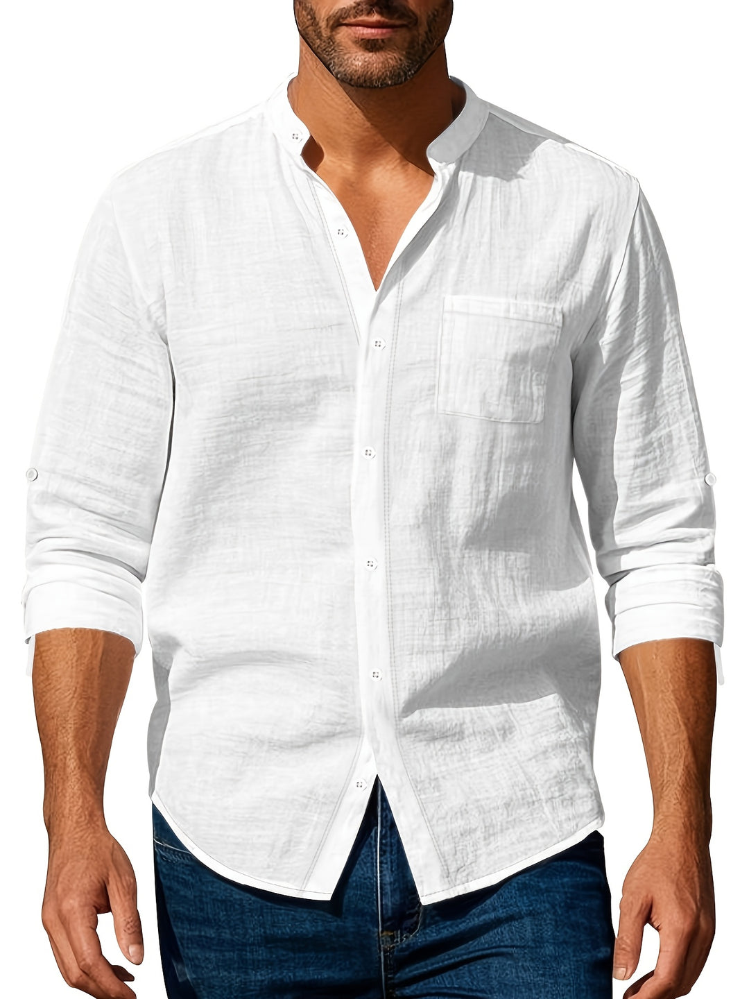 Andrew | Breathable Linen Band-Collar Shirt - Valereo