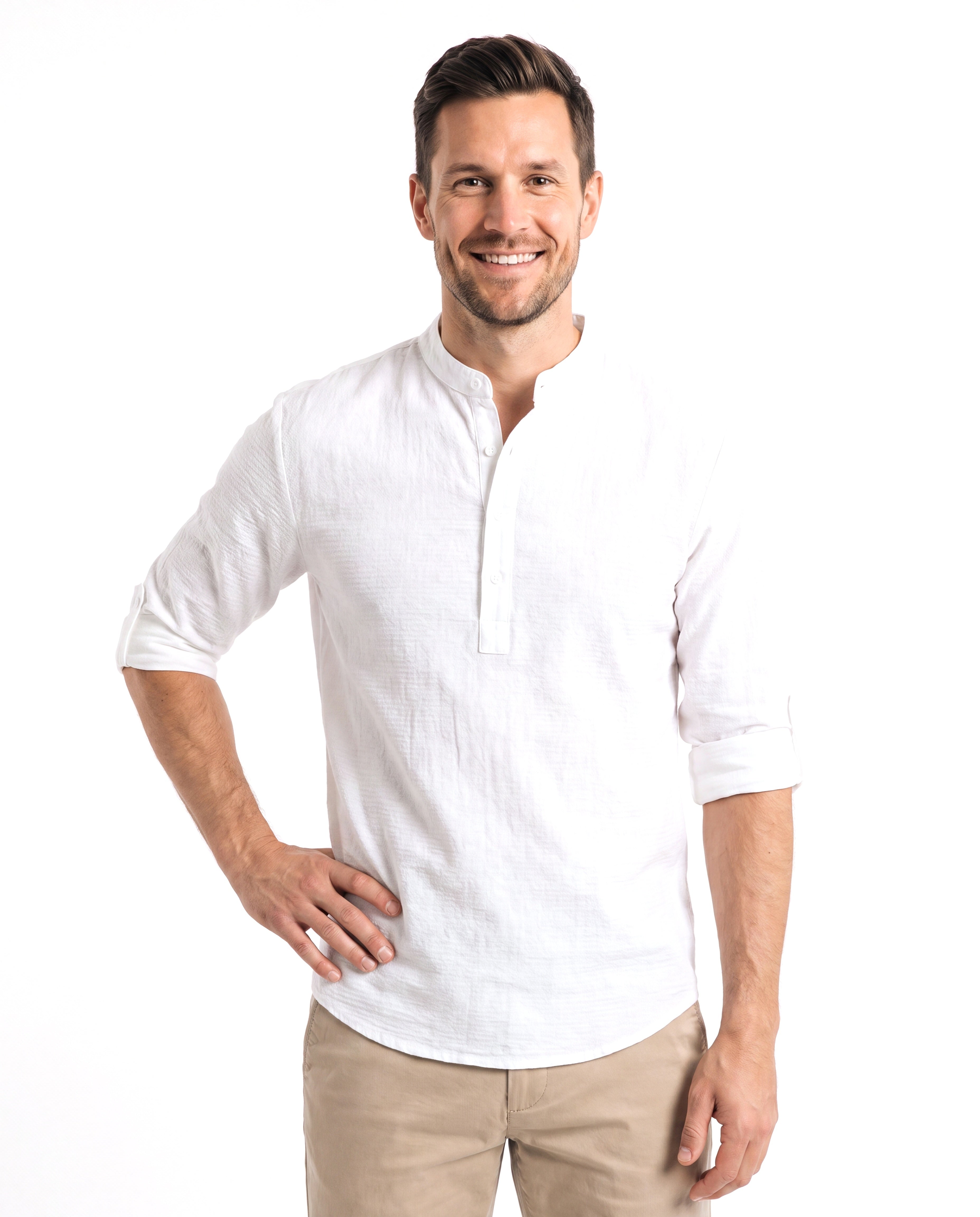 Men's Linen Shirt with Stand-Up Collar
