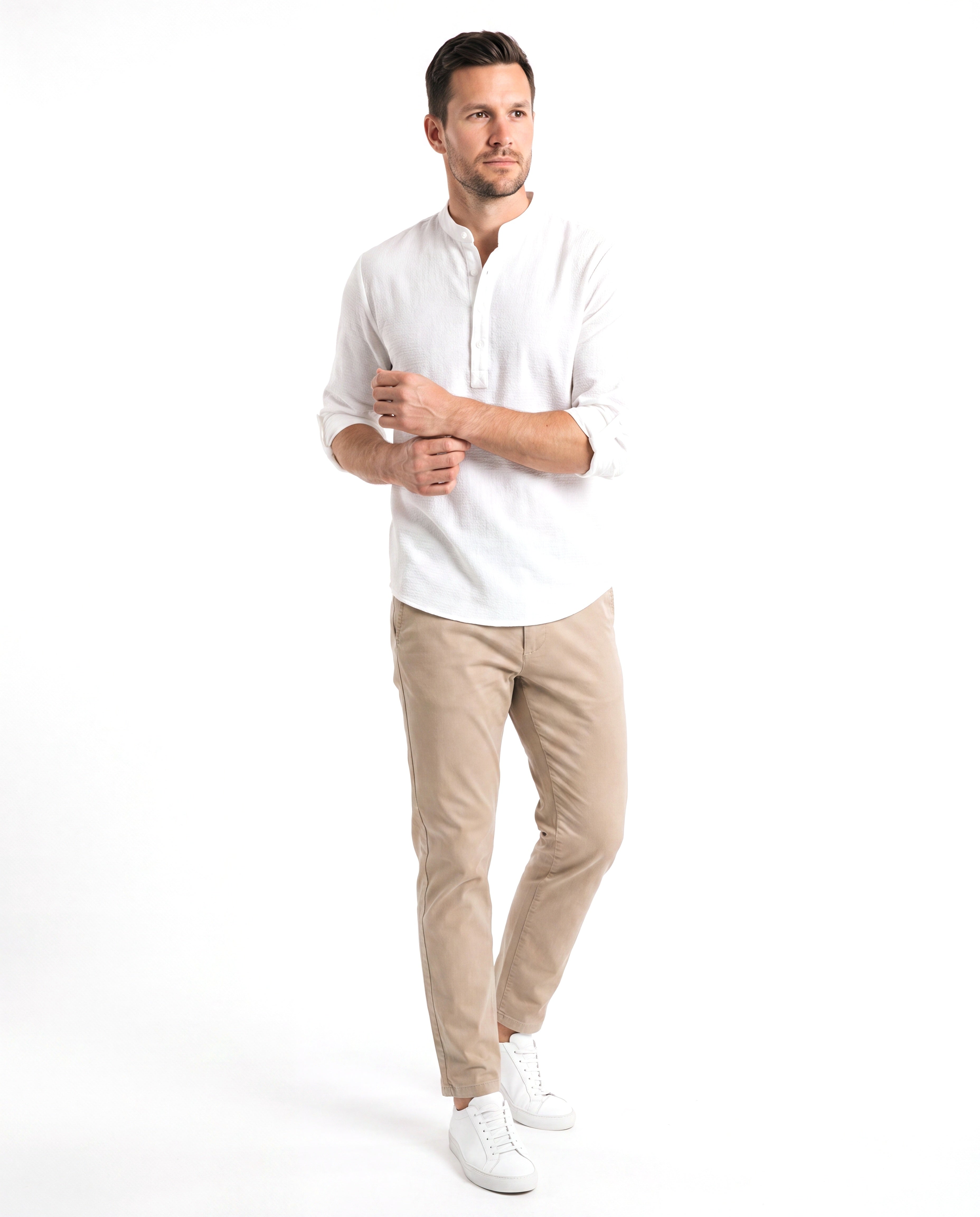 Men's Linen Shirt with Stand-Up Collar