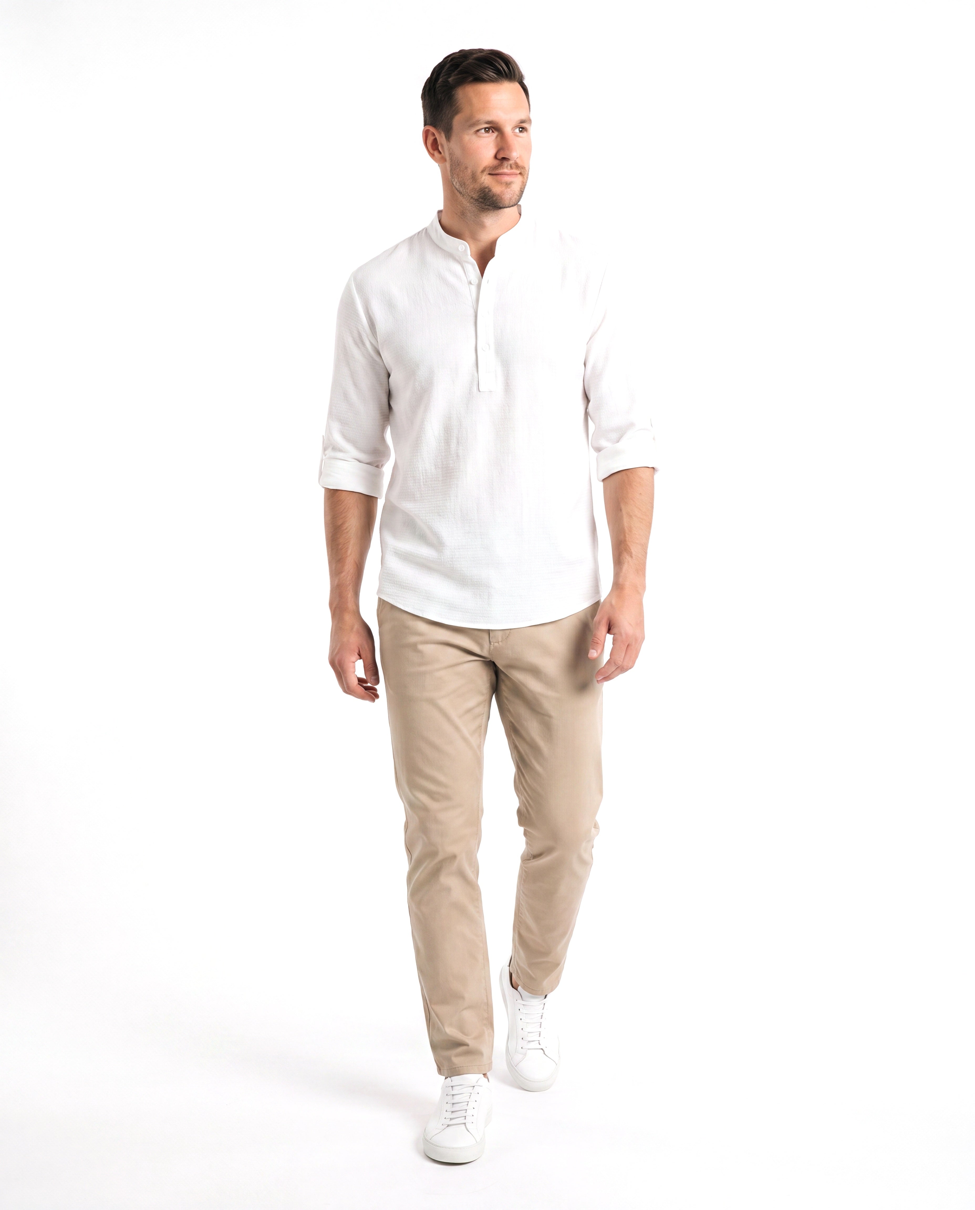 Men's Linen Shirt with Stand-Up Collar