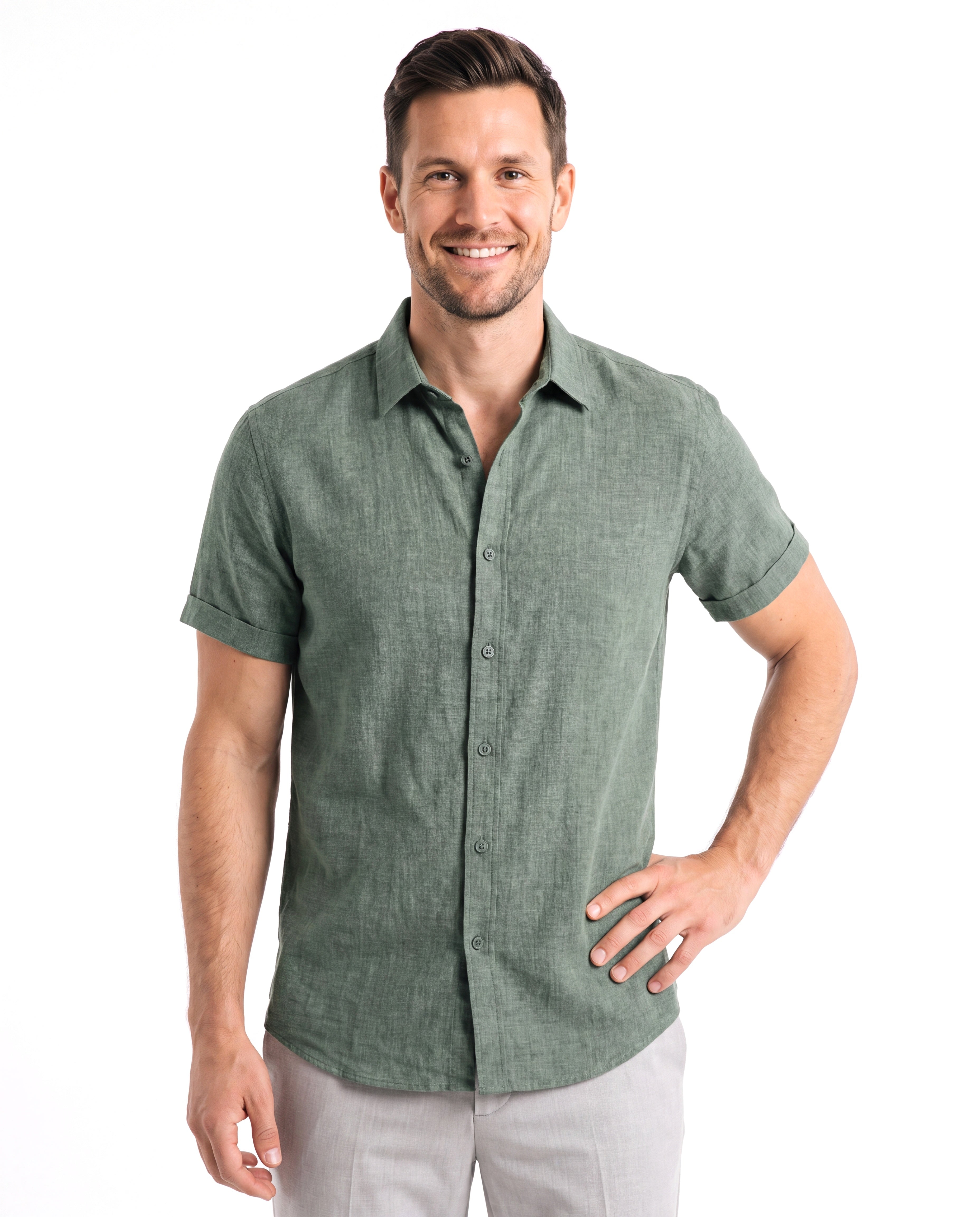 Men's Solid Linen Shirt with Short Sleeves
