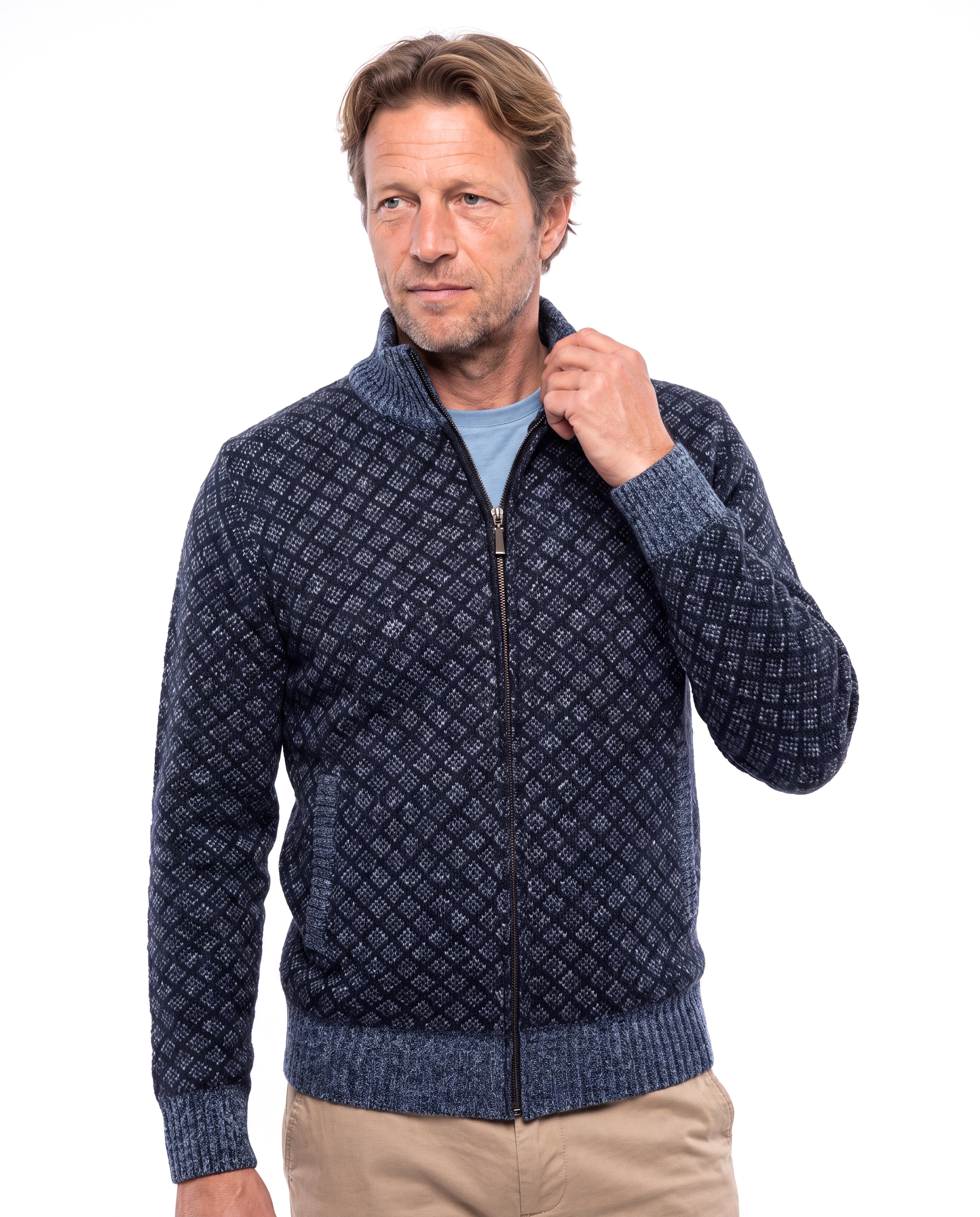 Men's Knitted Cardigan with Zip and Stand-Up Collar