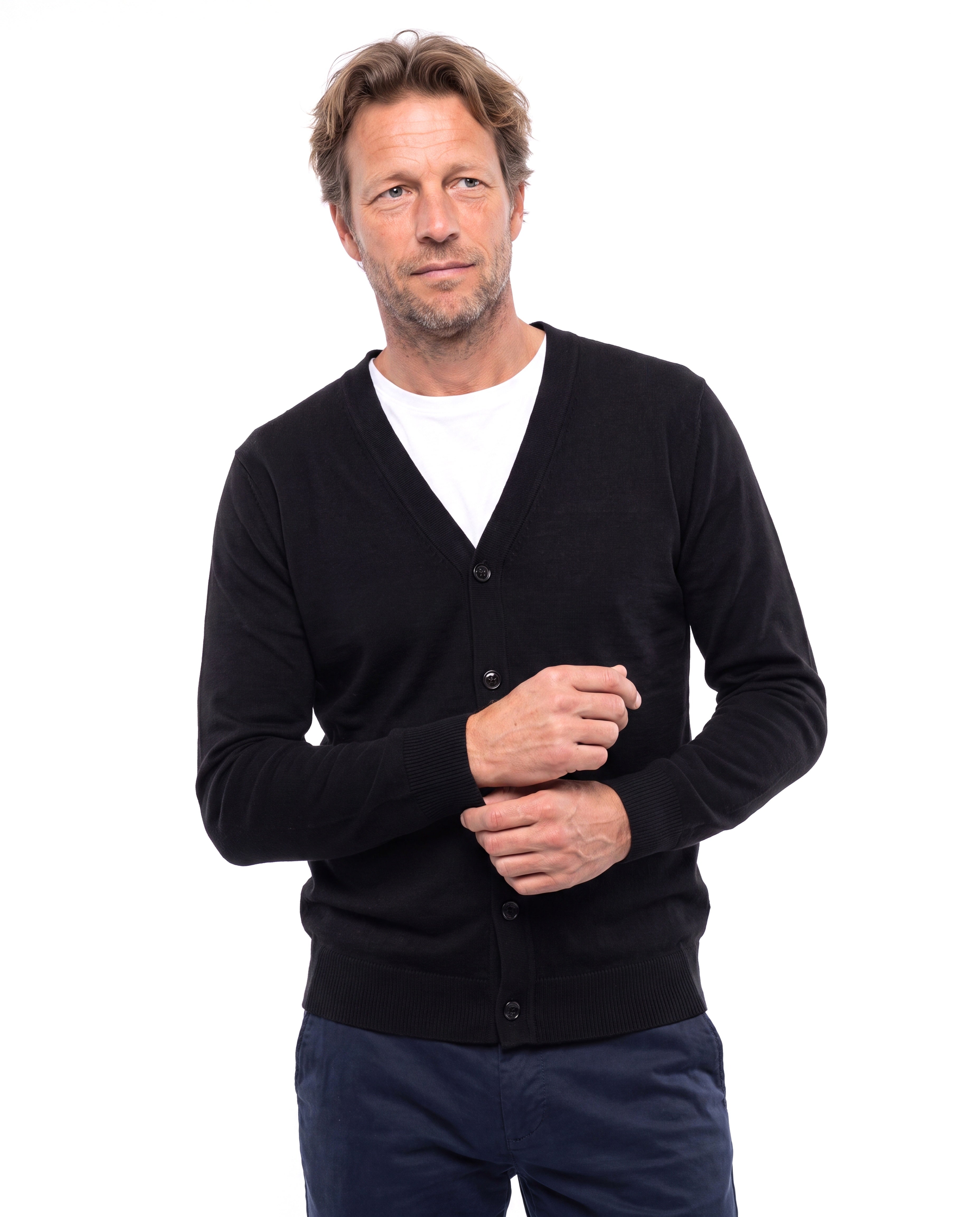 Men's Fine-Knit Cardigan with V-Neck and Buttons