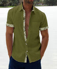 Men's Linen Shirt Plaid Trim Short Sleeve