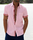 Men's Linen Shirt Plaid Trim Short Sleeve