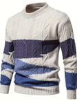 Men's Cable Knit Sweater Colorblock Crew Neck