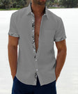 Men's Linen Shirt Plaid Trim Short Sleeve