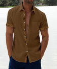 Men's Linen Shirt Plaid Trim Short Sleeve