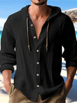 Men's Cotton Linen Hooded Shirt Drawstring Neck