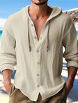 Men's Cotton Linen Hooded Shirt Drawstring Neck