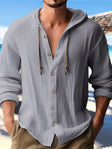 Men's Cotton Linen Hooded Shirt Drawstring Neck