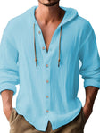 Men's Cotton Linen Hooded Shirt Drawstring Neck