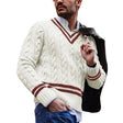 Men's Cable Knit Sweater V-Neck Stripe Trim