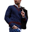 Men's Cable Knit Sweater V-Neck Stripe Trim