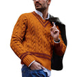Men's Cable Knit Sweater V-Neck Stripe Trim